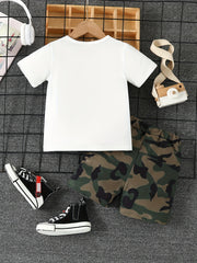 Boys Cartoon Tractor & Letter Print T-shirt & Shorts Set
