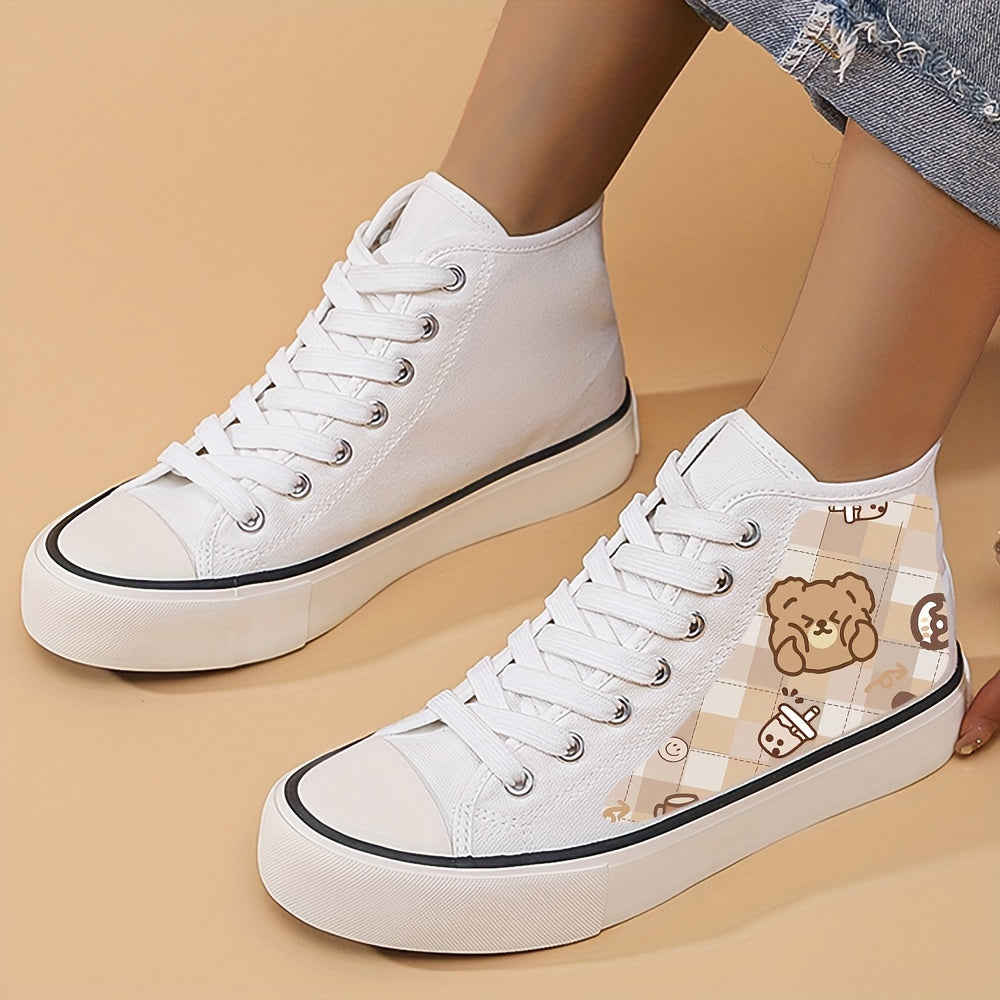 Bear Print High Top Canvas Sneakers Breathable Round Toe Lace Up Skate Shoes