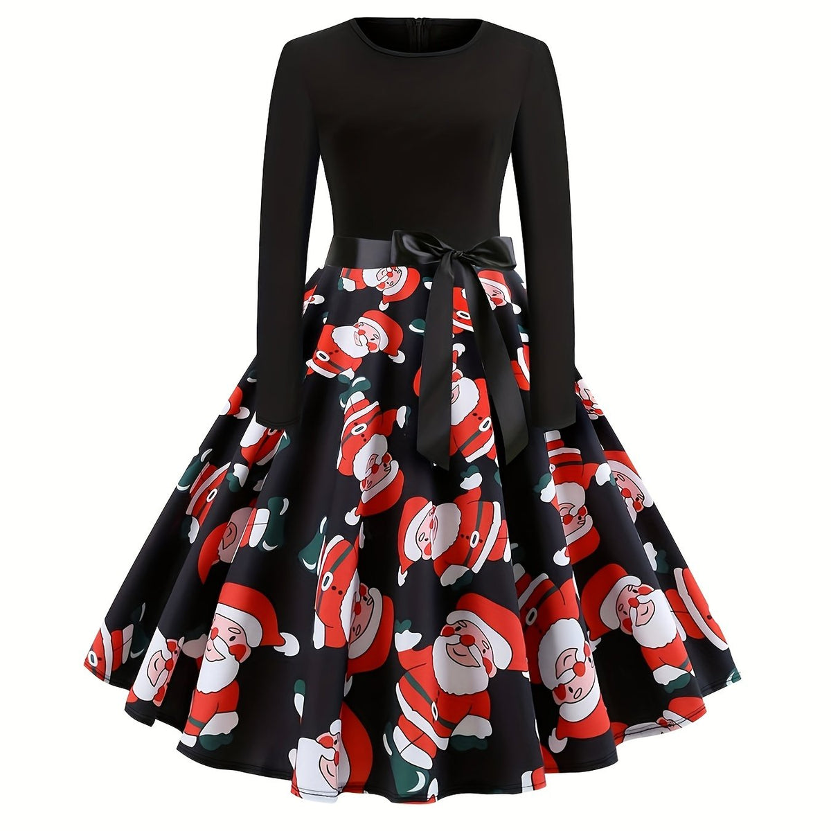  Colorblock Santa Claus Print Round Neck Dress