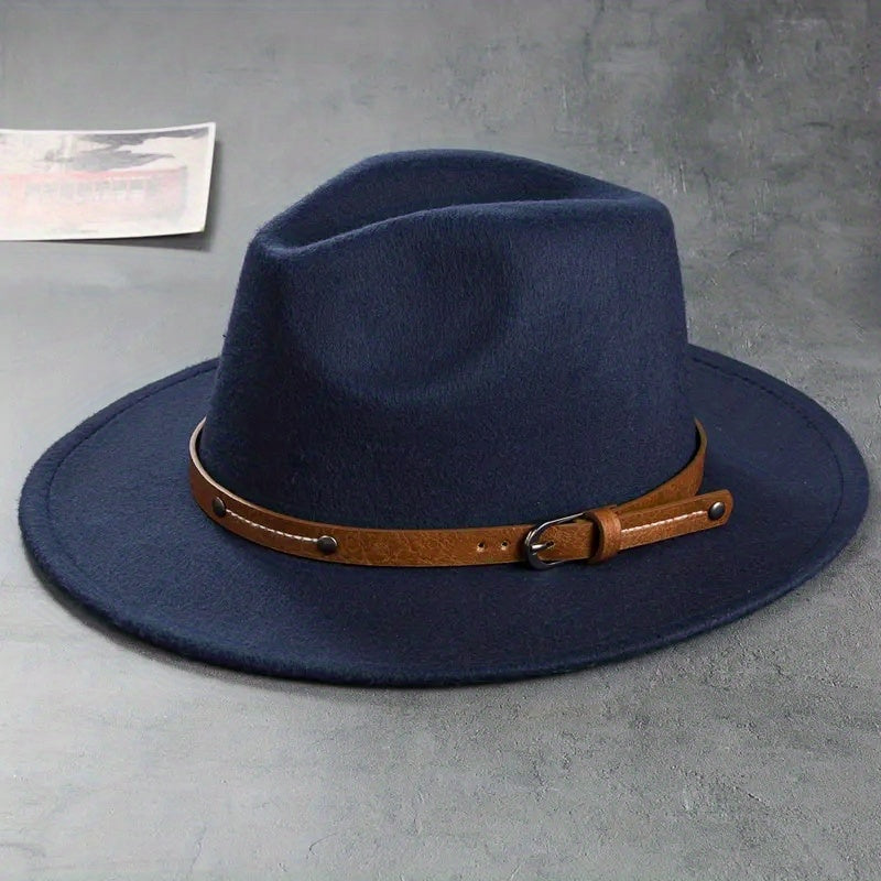 Stylish Belt Decor Fedora Cap Unisex Solid Jazz Hat Casual Warm Felt Hat