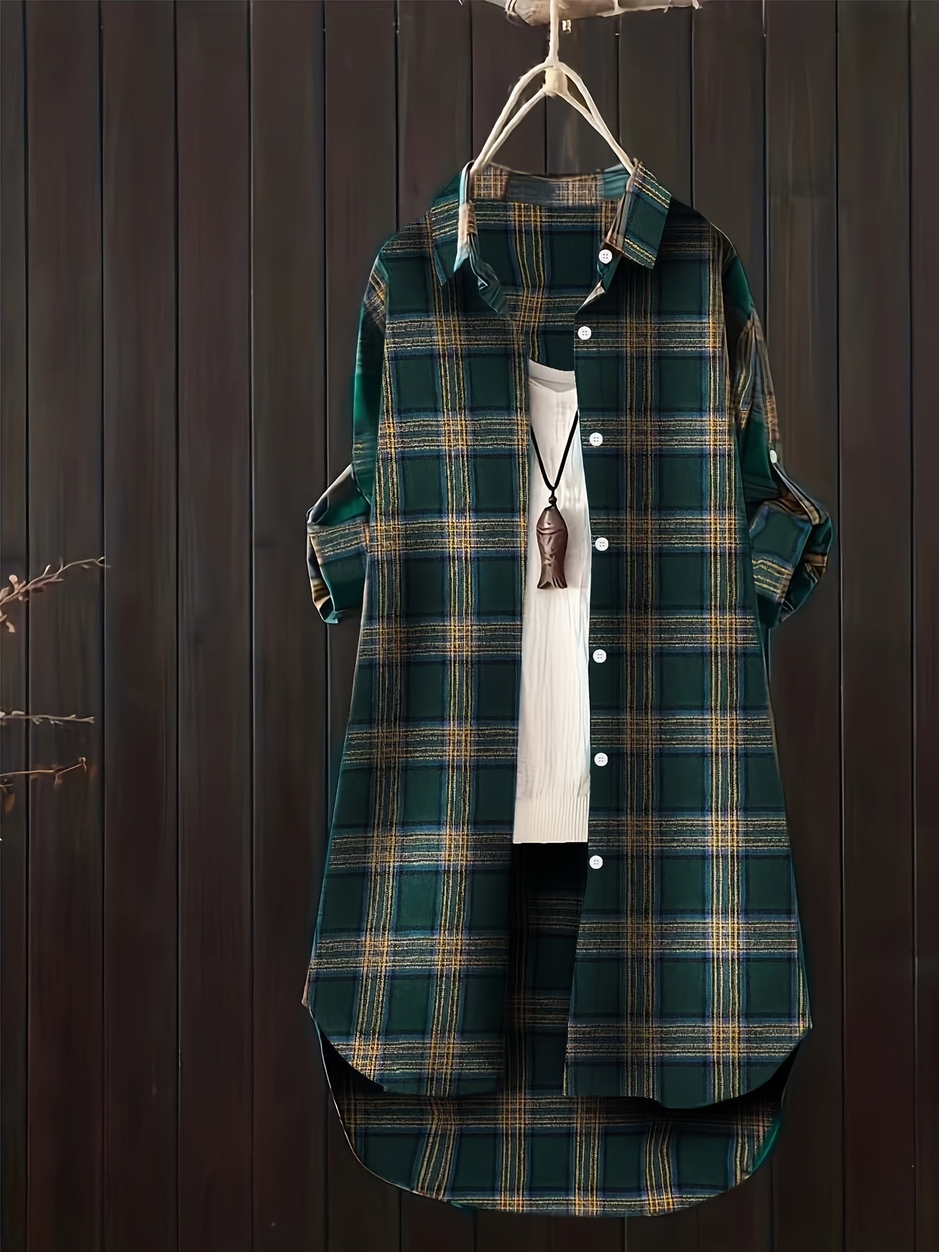  Plaid Roll Up Sleeve Tunic Shirt Top