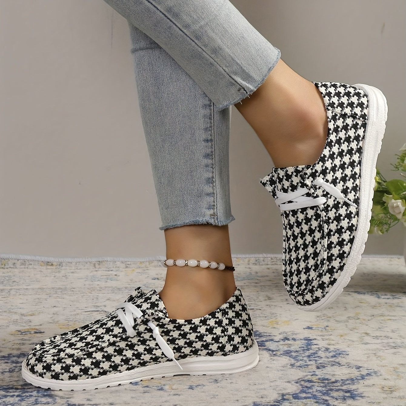 Women's Houndstooth Canvas Shoes Slip On Casual Flat Sneakers