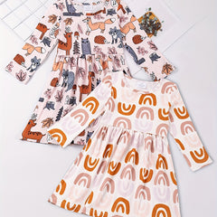 Girls Allover Print Long Sleeve Casual Dress Spring Fall Random Print