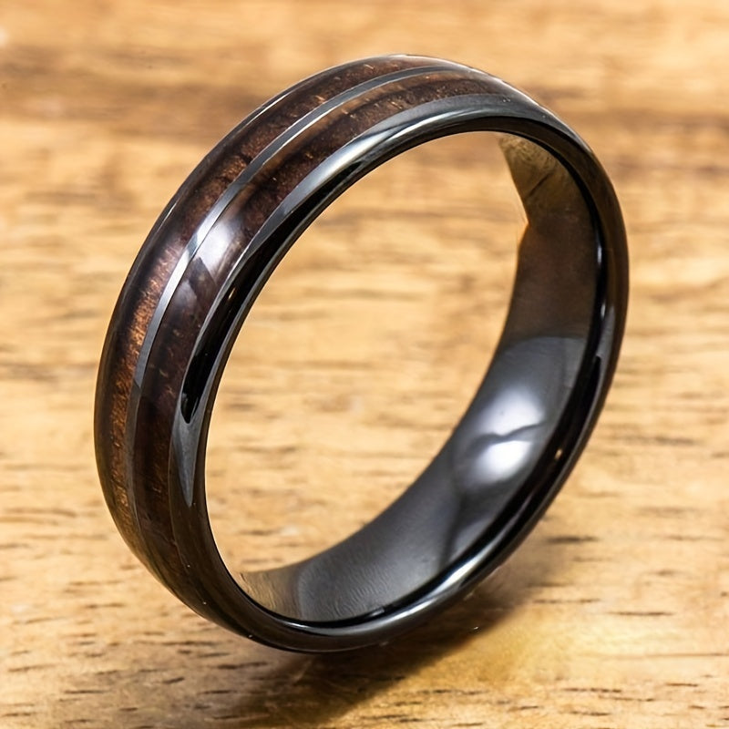 Wood Inlay Whiskey Barrel Ring Men's Wedding Band Women's En