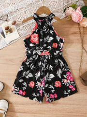 Girls' Leaf Print Halter Romper With Belt