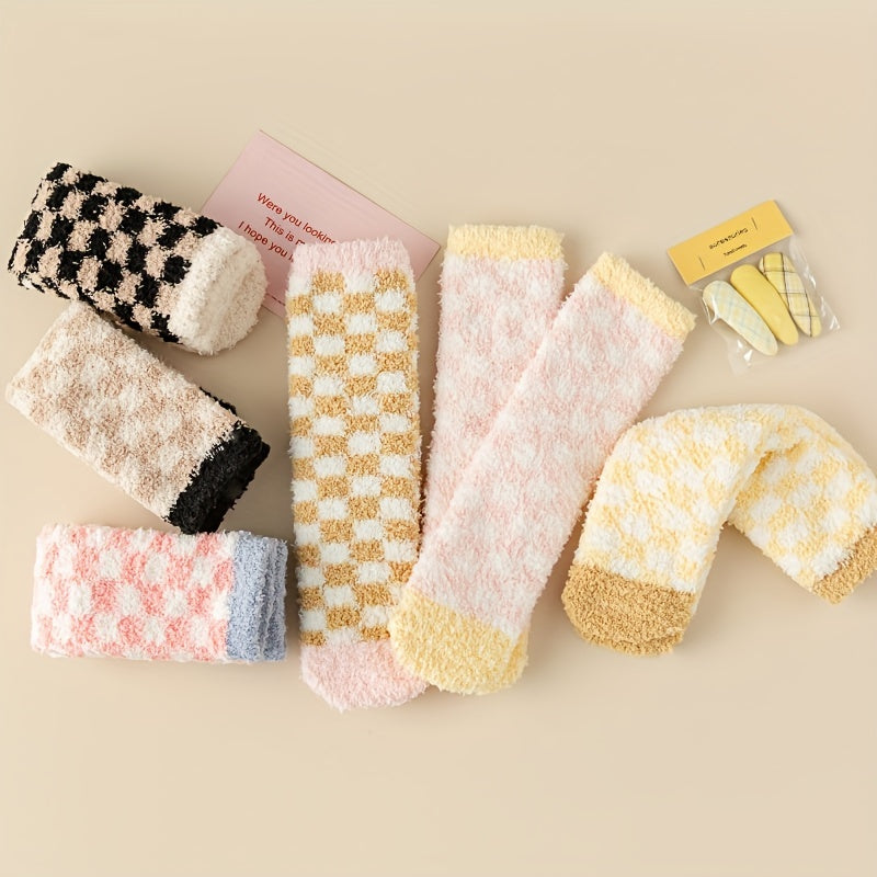 6 Pairs Plaid Fuzzy Socks for Women, Comfy & Warm Crew Floor Socks