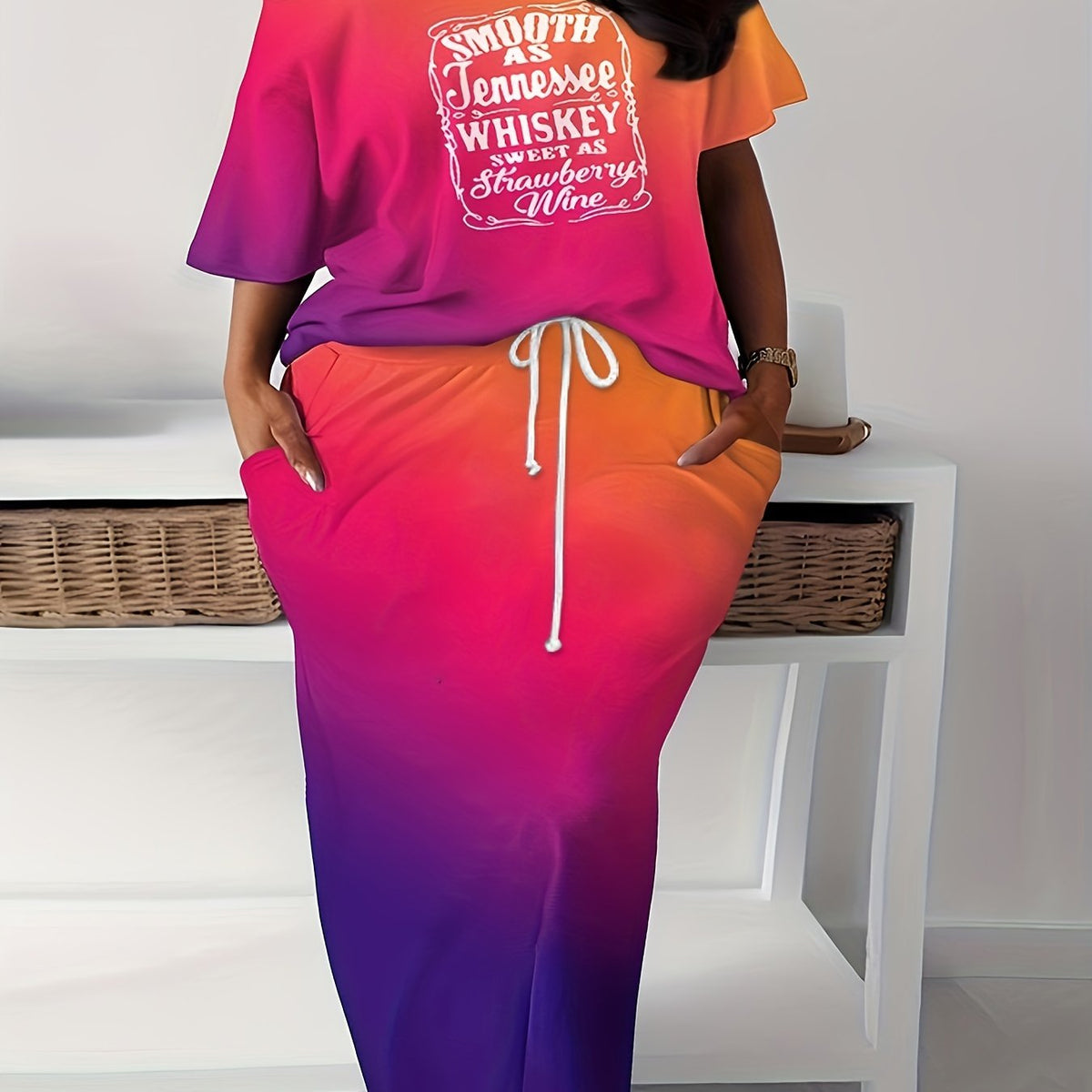 Ombre Graphic Print One Shoulder Tee & Tie Skirt Set