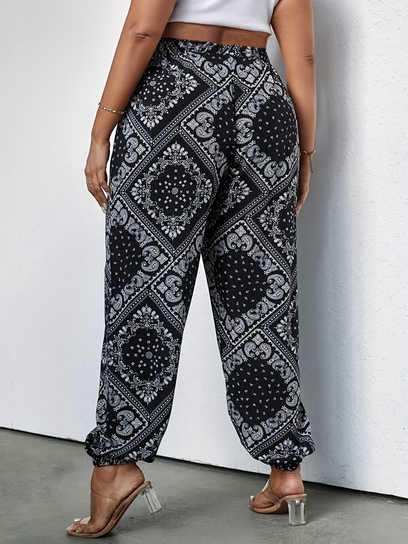  Boho Pants Women's Plus Scarf Print Tapered Leg Trou