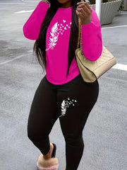 Women's Plus Feather Print Long Sleeve Round Neck Top & Leggings Set