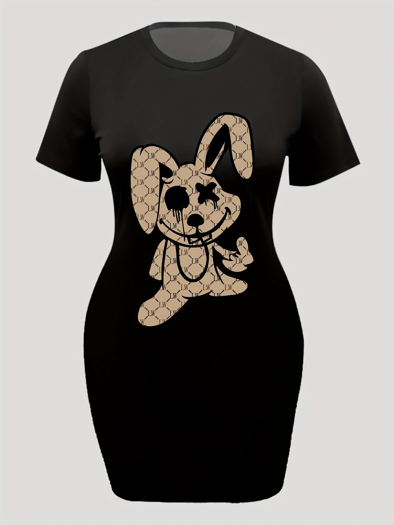  Rabbit Print Tee Dress Short Sleeve Round Neck Dress