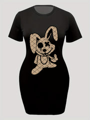  Rabbit Print Tee Dress Short Sleeve Round Neck Dress