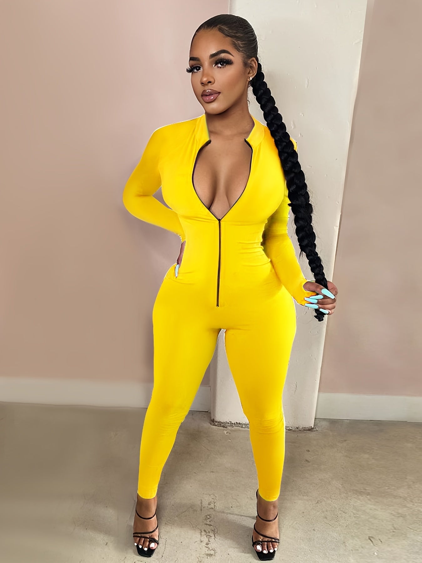Sexy Bodycon Zip Up Jumpsuit Solid Long Sleeve Stretchy Jumpsuit