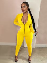 Sexy Bodycon Zip Up Jumpsuit Solid Long Sleeve Stretchy Jumpsuit