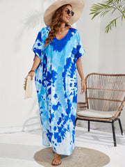  Tie Dye Batwing Sleeve V Neck Maxi Cover Up Dress