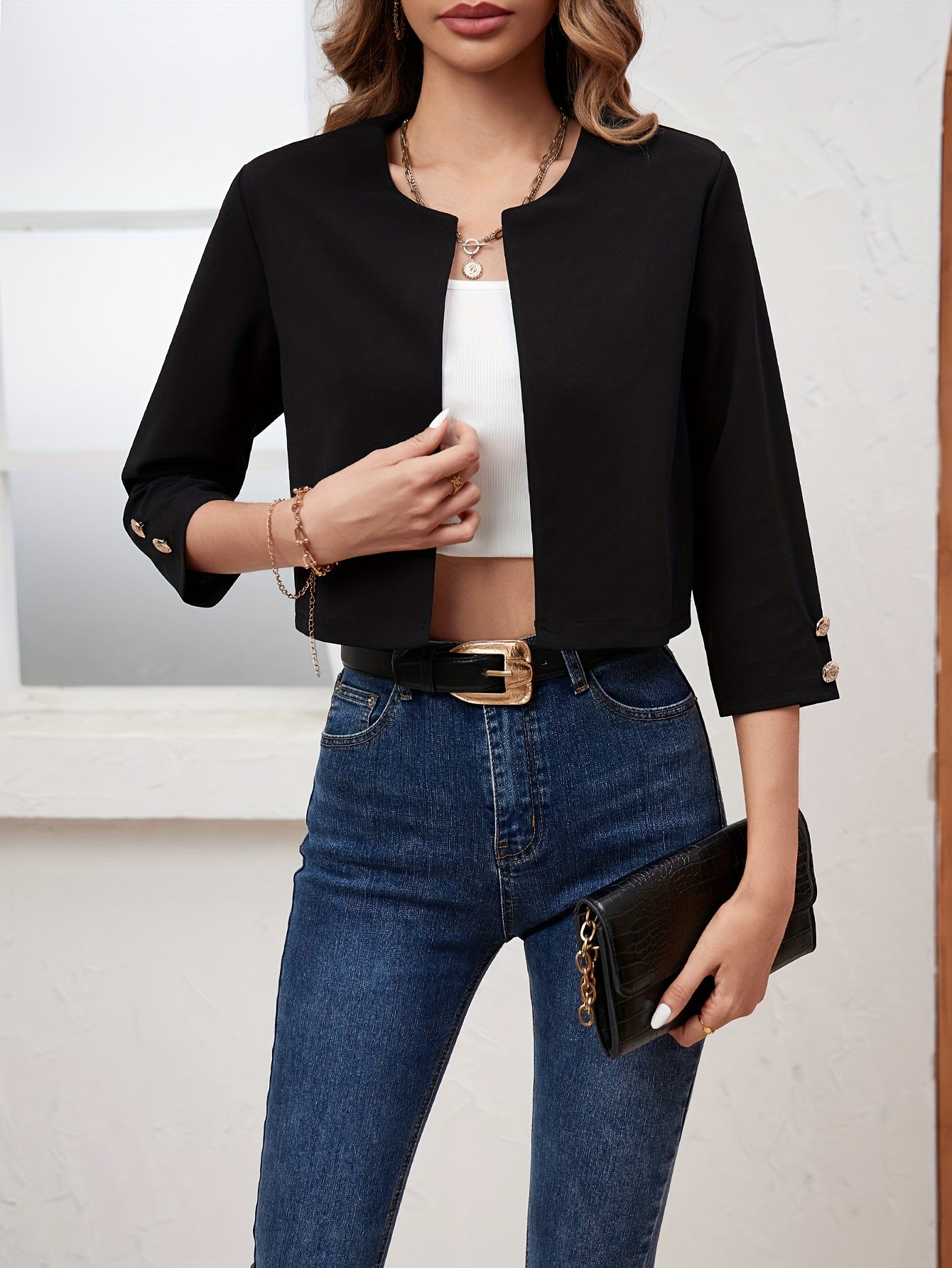 Open Front Crop Jacket Button Decor 3 4 Sleeve