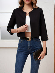 Open Front Crop Jacket Button Decor 3 4 Sleeve
