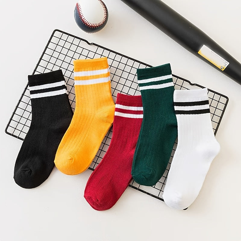 5 Pairs Patched Stripes Crew Socks Basic Stockings