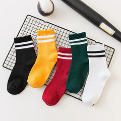 5 Pairs Patched Stripes Crew Socks Basic Stockings