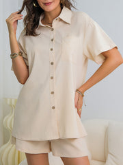 Solid Lounge Set Short Sleeve Buttons Top & Lace Up Shorts
