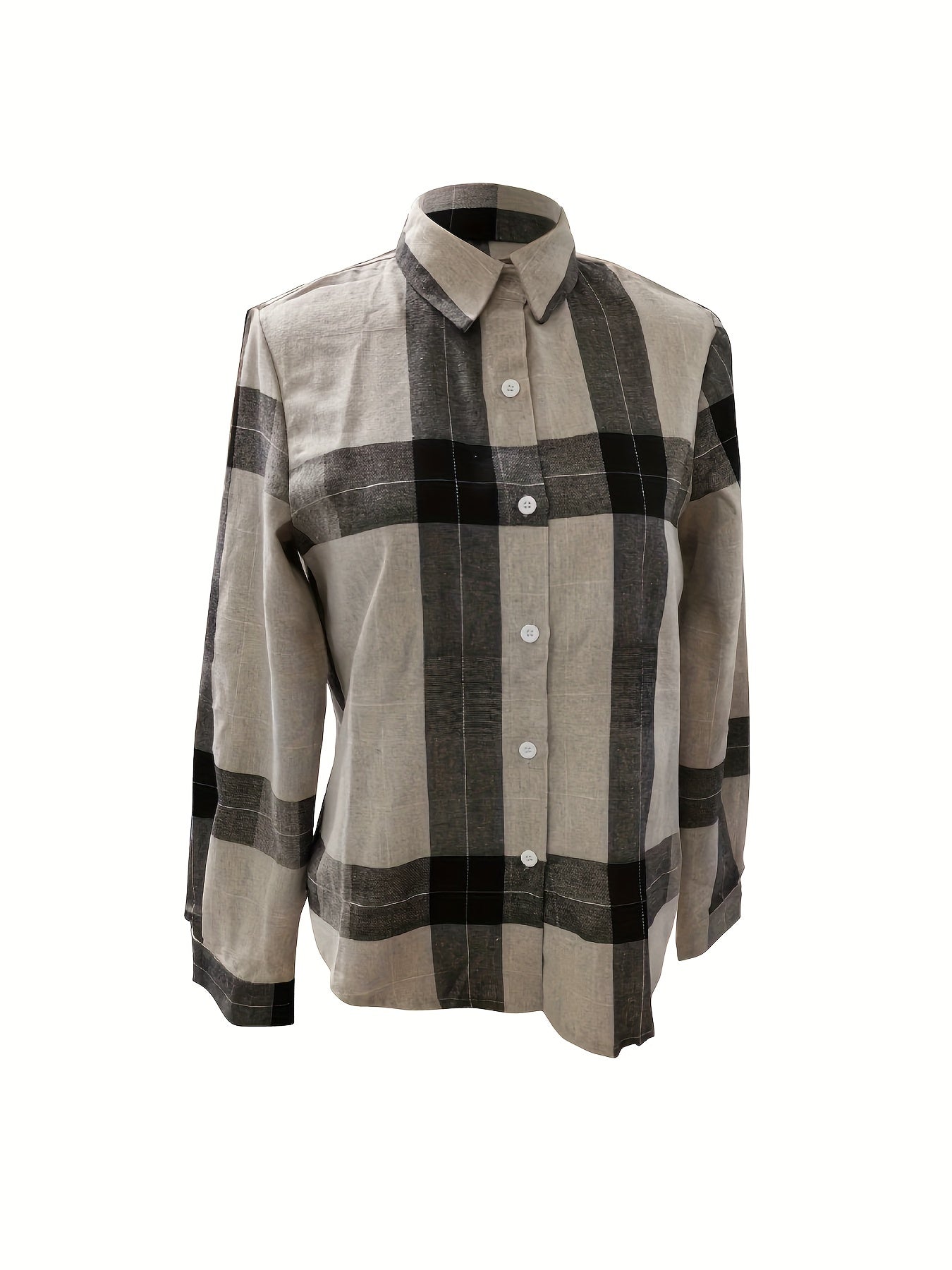  Plaid Print Button Up Long Sleeve Blouse