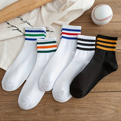 5 Pairs Striped Sports Socks Comfy Crew Socks Women's Stockings