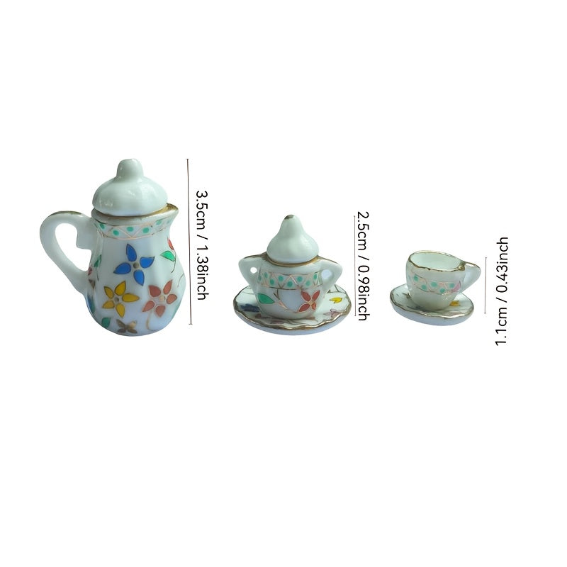Miniature Tea Set for Dollhouse Decor, Tiny Cups & Teapot, Garden Scenes