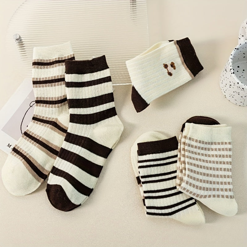 5 Pairs Striped Print Socks Mid Tube Women's Stockings