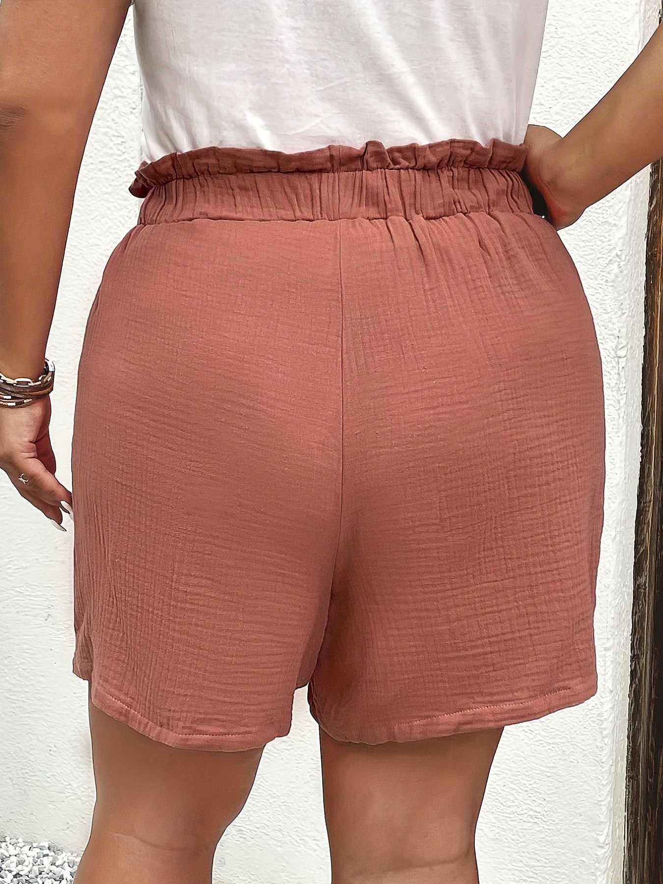 Casual Shorts Women's Plus Solid Paperbag Waist Belted Loose Shorts