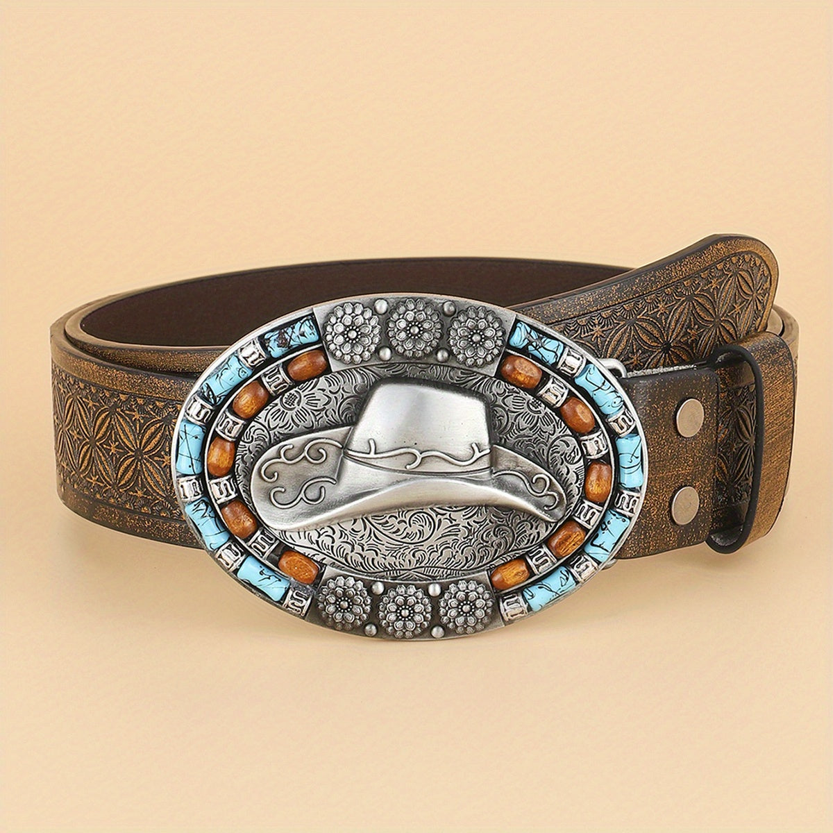 Western Cowboy Vintage Belt Embossed Leather Belt Bohemian Style Hat Buckle