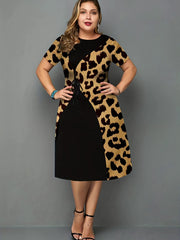  Colorblock Leopard Print Short Sleeve Dress