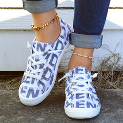 Women's Letter Print Canvas Shoes Low Top Lace Up Round Toe Casual Shoes