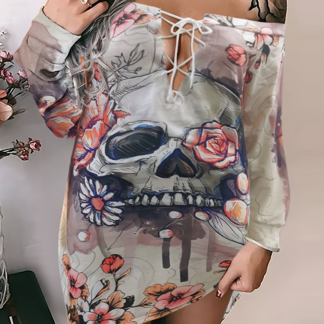  Floral Skull Print Lace Up Off Shoulder Long Sleeve Dress