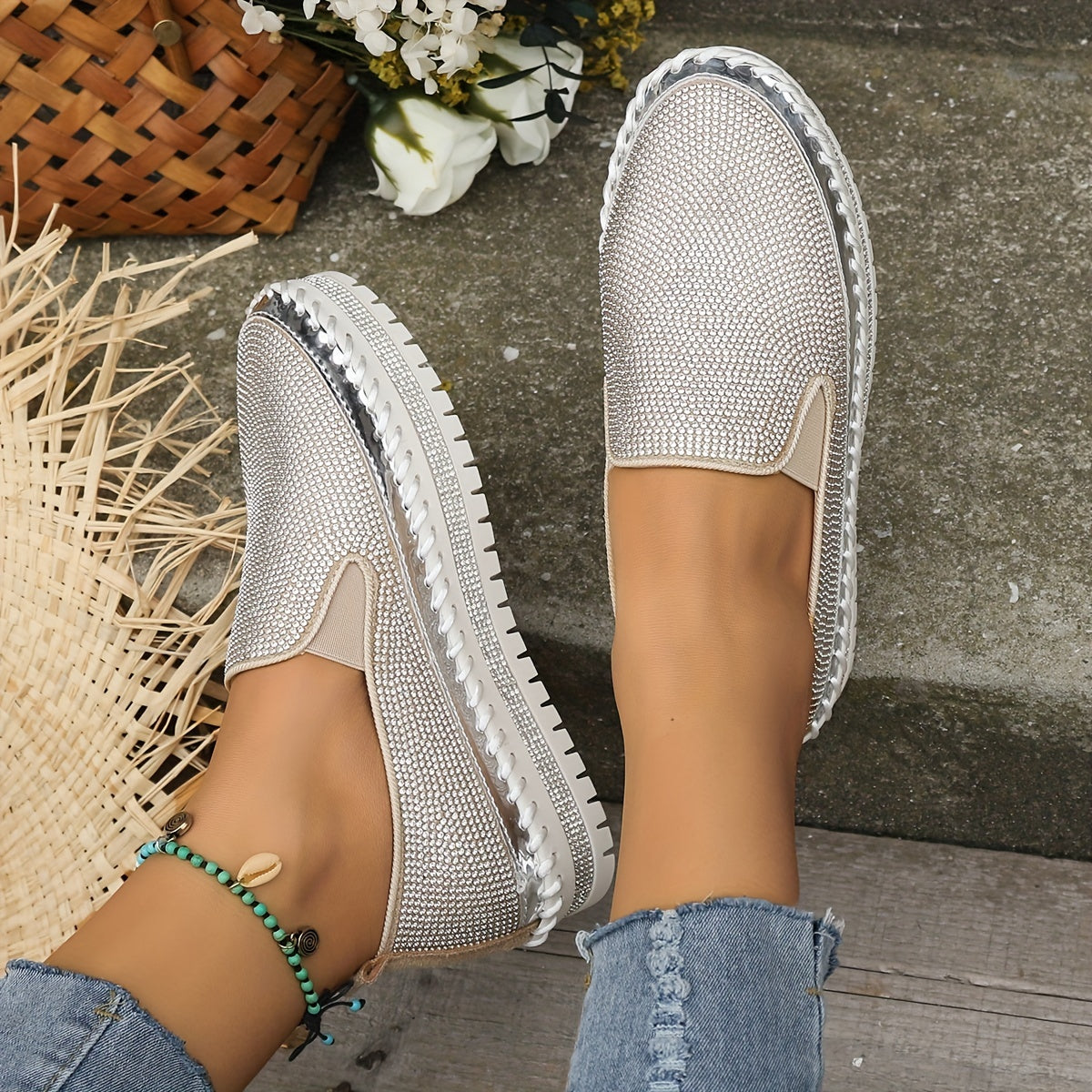 Women's Rhinestone Platform Loafers Slip On Shoes