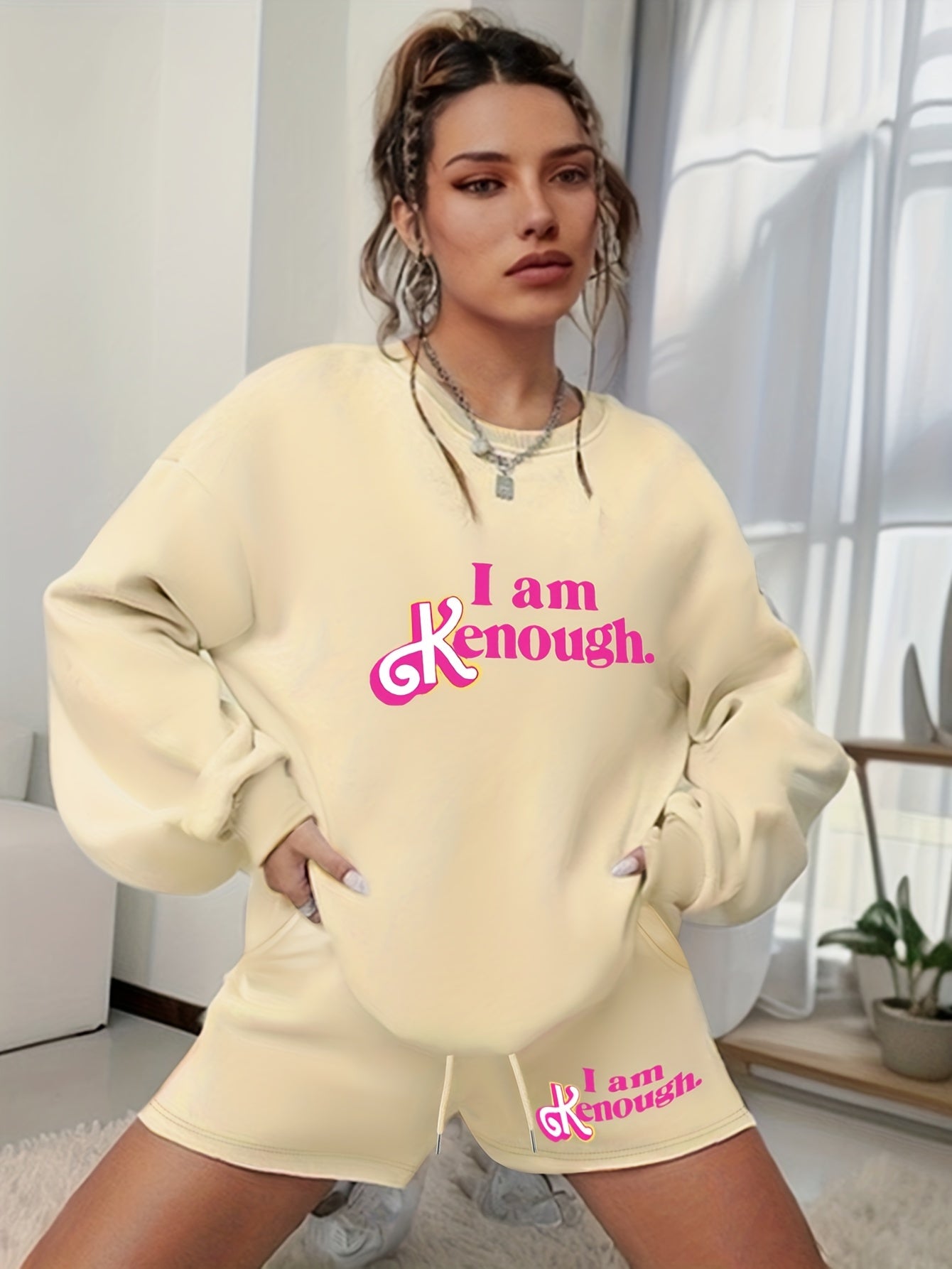  2 Piece Set Women's Slogan Print Sweatshirt & Shorts