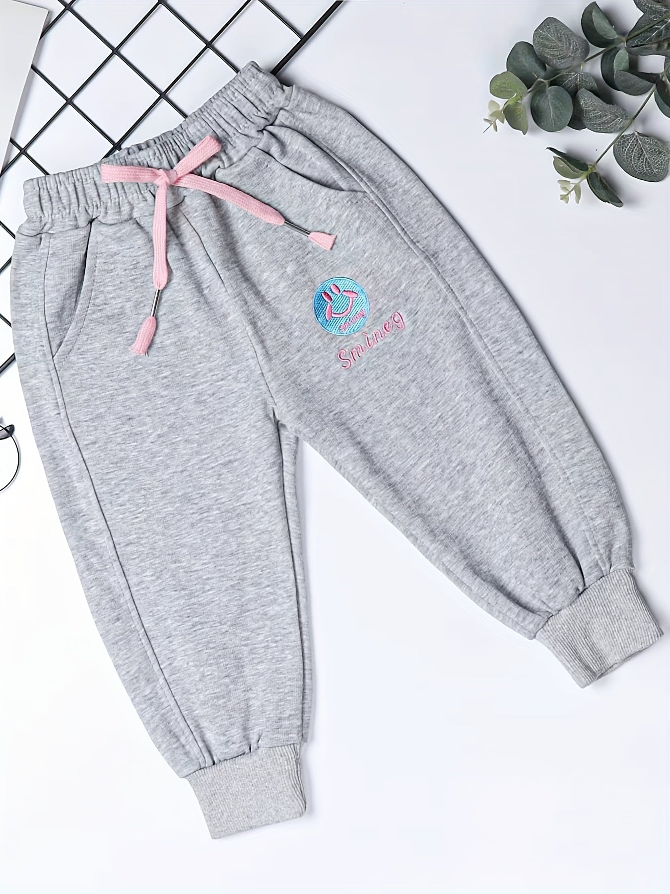 Girls Smile Embroidered Sweatpants Bow Front Baggy Fit