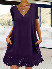  Casual Dress Women's Solid Cut Out Scalloped Trim Dress