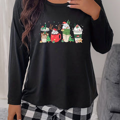  Snowman Drinks Print Long Sleeve Round Neck Stretch Tee