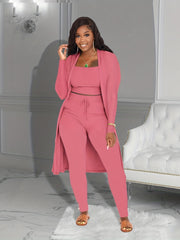 Ribbed 3pcs Set Crop Tank Top High Waist Pants Long Cardigan Outfits