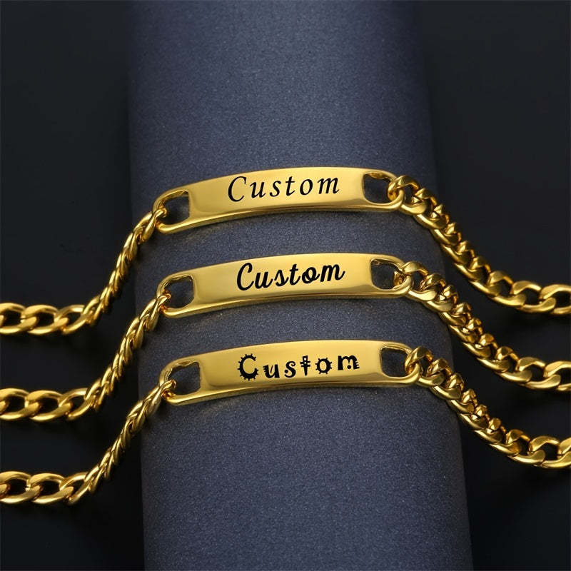 Personalized Name Men's Bracelet Engraved Stainless Steel Golden Nameplate Gift