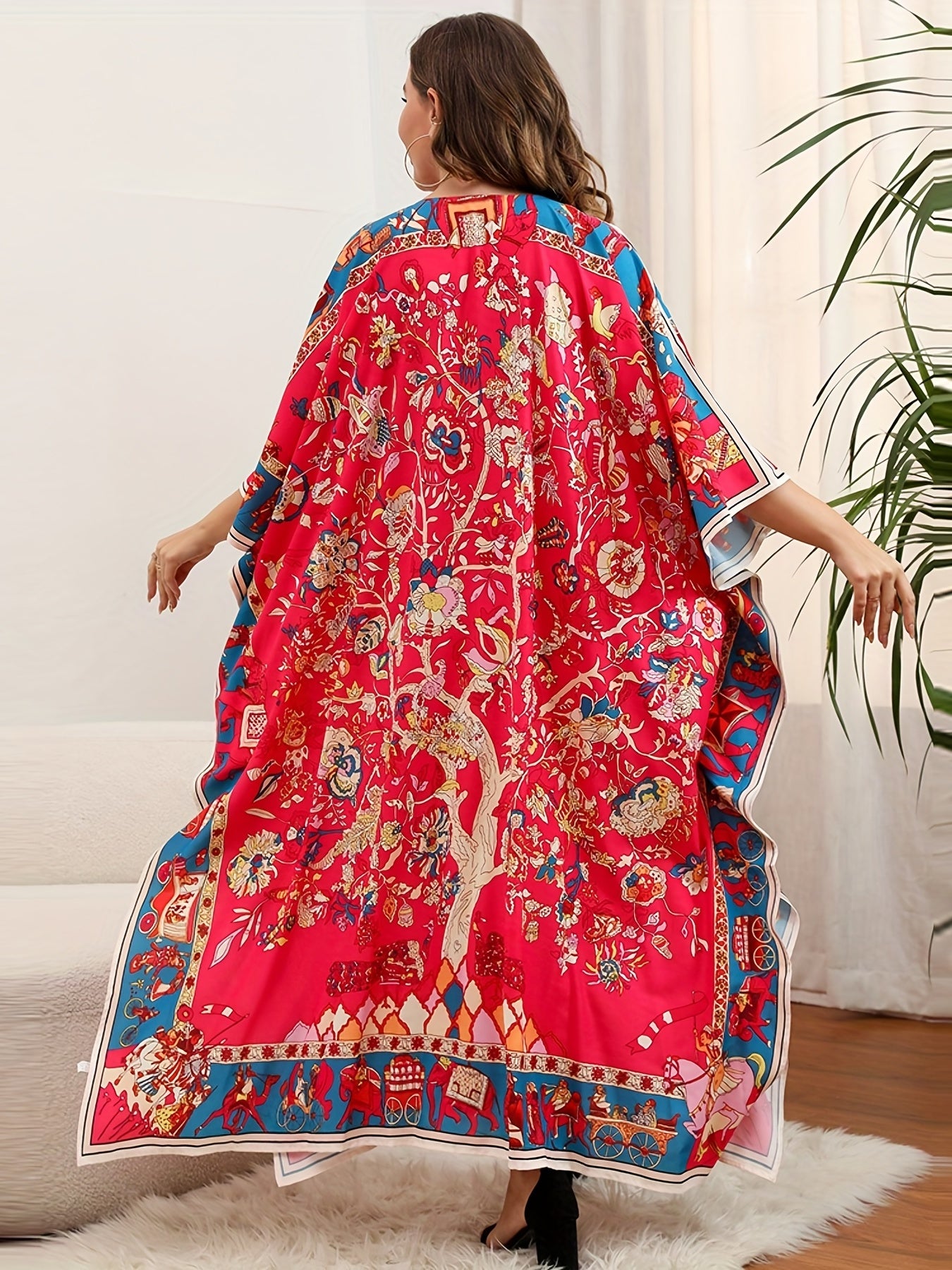  Boho Cover Up Dress Women's Plus Floral Print Bat Sleeve V Neck