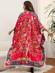  Boho Cover Up Dress Women's Plus Floral Print Bat Sleeve V Neck