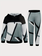  Colorblock Geo Print Hoodie & Joggers Set