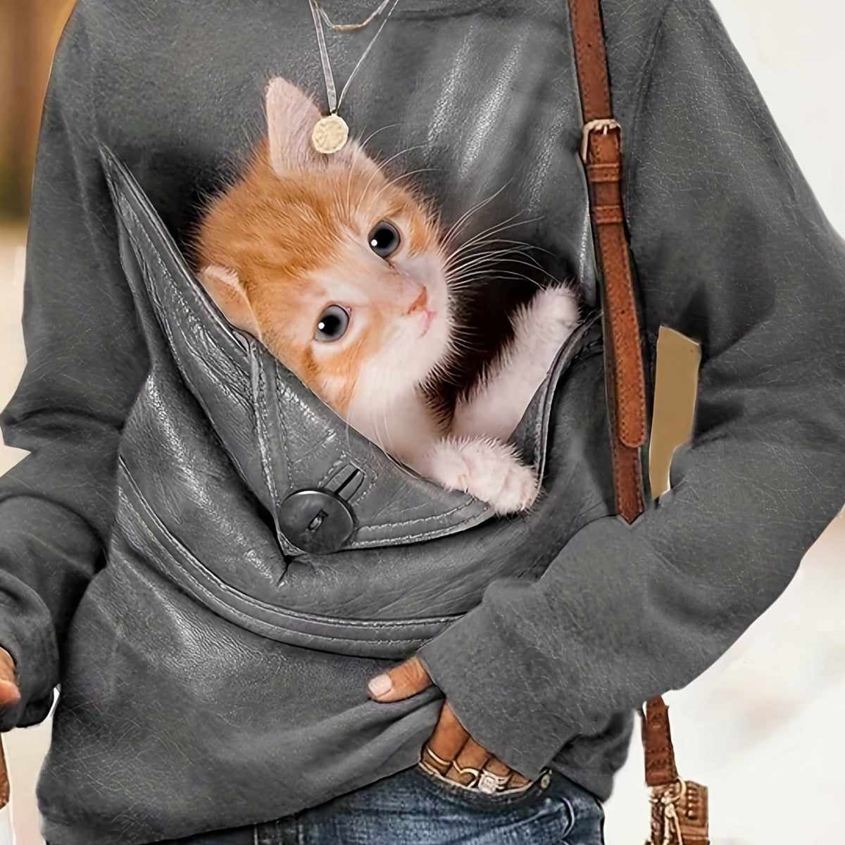Cat Print Pullover Sweatshirt Casual Long Sleeve Crew Neck Sweatshirt