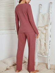 Waffle Lounge Set Long Sleeve V Neck Top & Pants