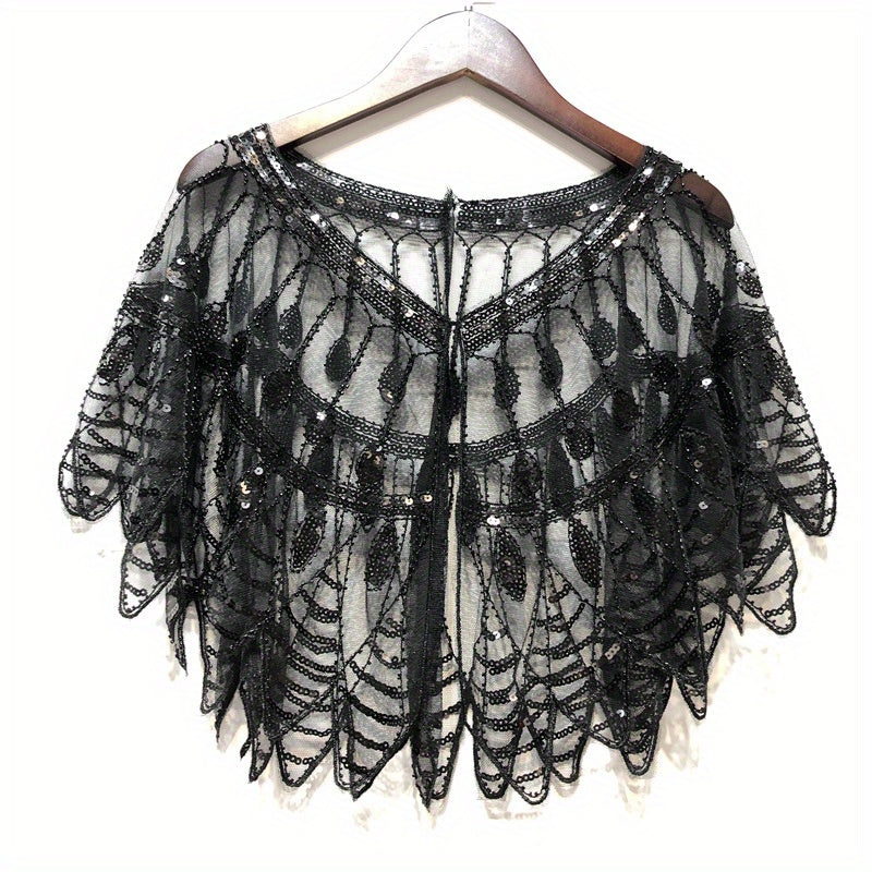 Vintage Ruffle Shawl Sequin Embroidery Mesh Cardigan
