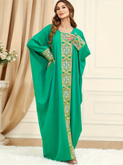  Solid Applique Batwing Sleeve Round Neck Maxi Dress