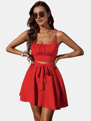 Solid Slim Two-piece Skirt Set Crop Ruched Cami Top & Skirt Outfit