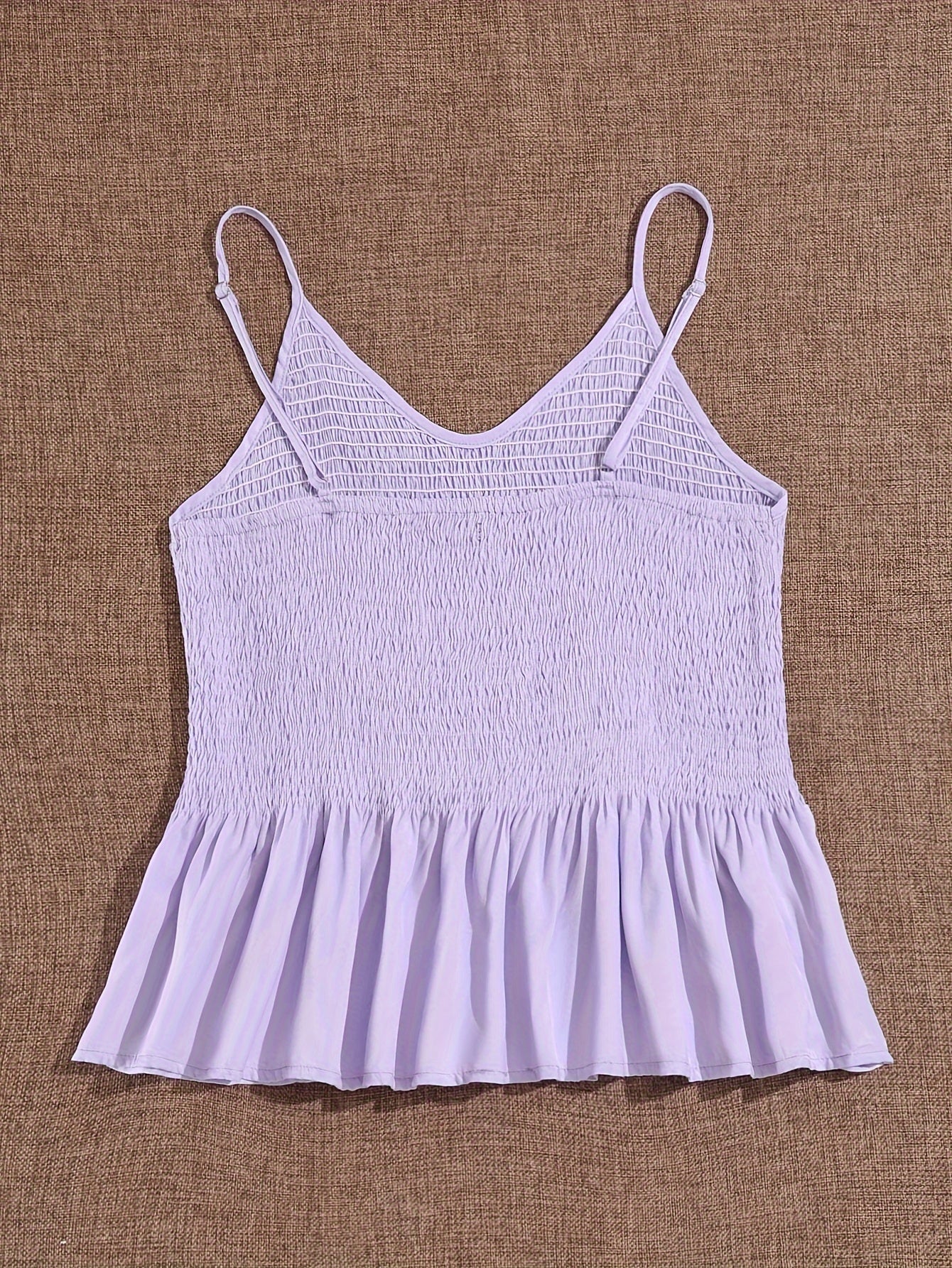  Solid Shirred V Neck Ruffle Trim Cami Top