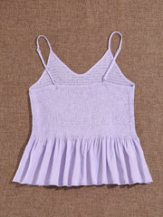  Solid Shirred V Neck Ruffle Trim Cami Top
