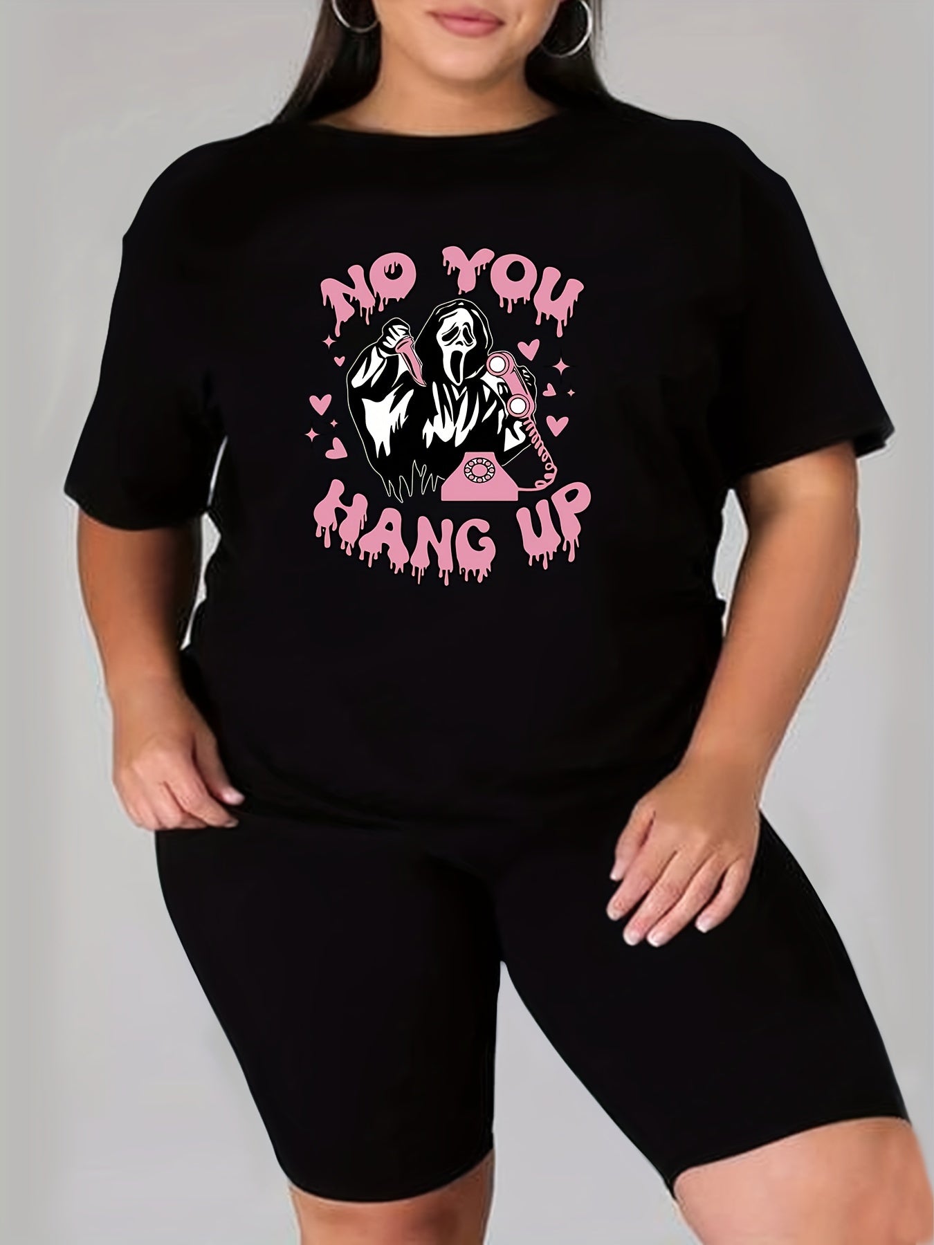  Funny Skull & Slogan Print T-shirt & Biker Shorts Outfit Set